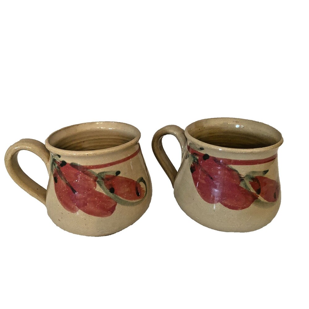 Hand Thrown Studio Pottery Glazed Mugs Set Of 2 Tan & Red Signed Pashid